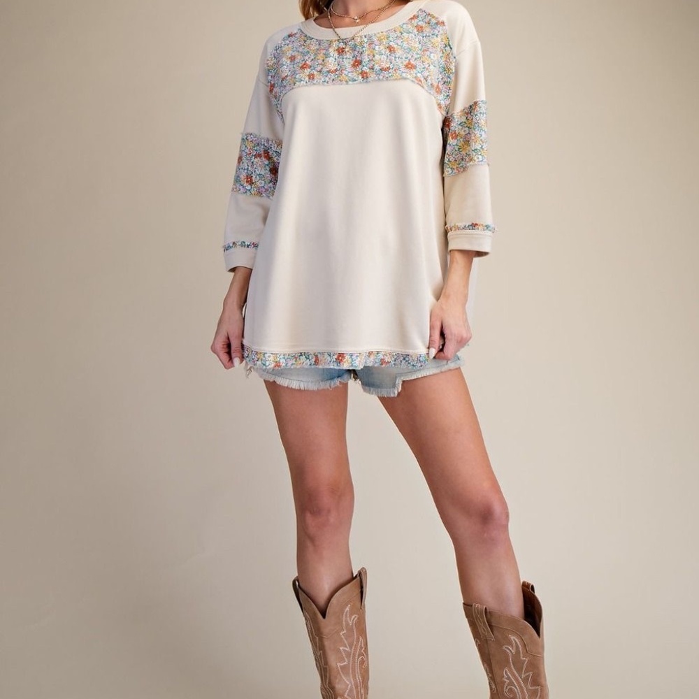 NEW EASEL Floral PATCH SOFT WASHED TERRY KNIT TOP BOXY PATCHWORK ECRU RELAXED - Picture 3 of 8